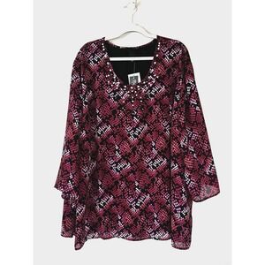 Maggie Barnes Women 4X Blouse Top Embellished Layered Chiffon Flowy Flare Sleeve